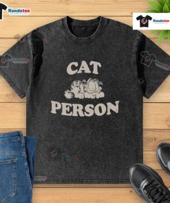 Cute Garfieid cat person wearing a washed t-shirt, showcasing a fun and playful style with a bright background.