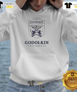 Emma Meyer wearing a Nice Gen V hoodie at Godolkin University, showcasing campus style and school spirit.