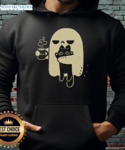 Nice ghost holding a cat in a cozy hoodie, perfect for Halloween or cat lovers. Cute and whimsical design!