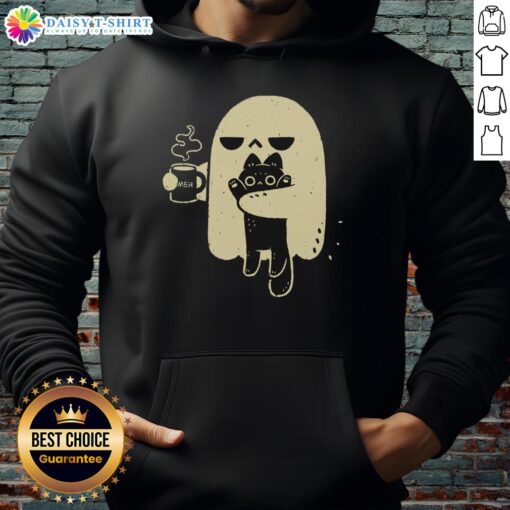 Nice ghost holding a cat in a cozy hoodie, perfect for Halloween or cat lovers. Cute and whimsical design!