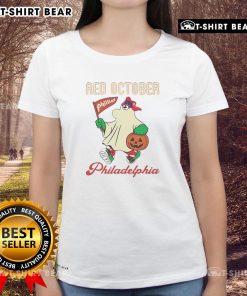Ladies' tee featuring Philadelphia Phillies Phanatic in Halloween theme for Red October, perfect for spooky season fans.