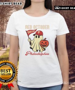 Nice Ghost Philadelphia Phillies Red October Halloween Ladies Tee featuring a playful ghost design for fans.