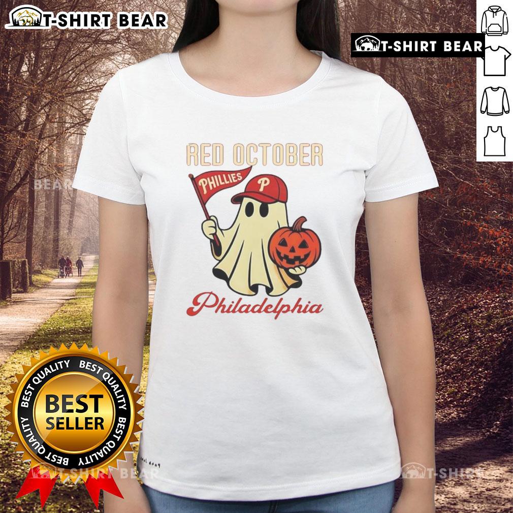 Nice Ghost Philadelphia Phillies Red October Halloween Ladies Tee Nice Ghost Philadelphia Phillies Red October Halloween Ladies Tee featuring a playful ghost design for fans.