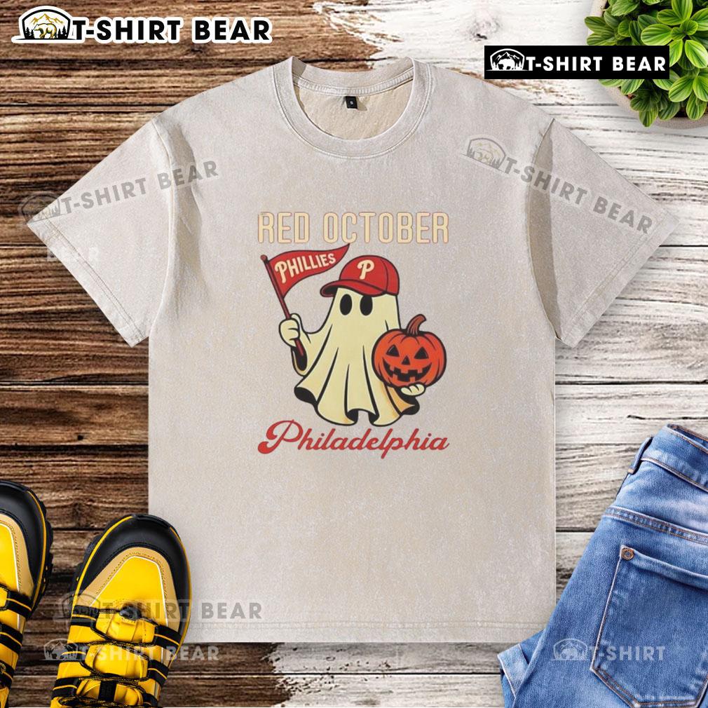 Nice Ghost Philadelphia Phillies Red October Halloween Washed T Shirt Alt Text: Nice Ghost Philadelphia Phillies Red October Halloween washed t-shirt featuring a spooky design for fans.