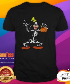 Goofy in a skeleton costume for Halloween, wearing a cheerful expression on a Trick or Treat t-shirt.