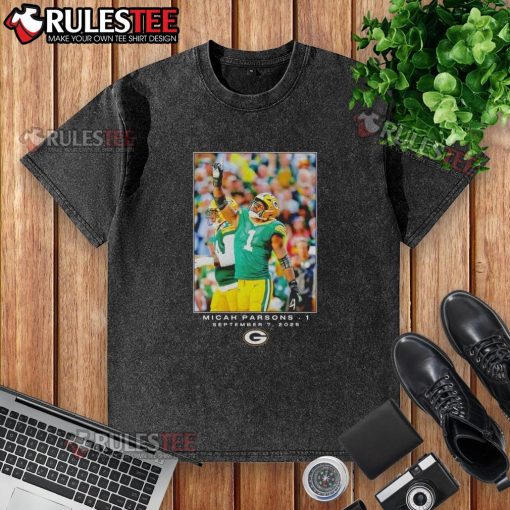 Micah Parsons wearing a Nice Green Bay Week 1 washed t-shirt, showcasing vibrant colors and casual style.