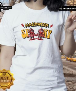 Spooky skeleton drink cup design on a ladies tee, perfect for Halloween celebrations and festive outings.