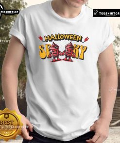 Alt Text: Halloween spooky skeleton drink cup T-shirt featuring a fun design perfect for Halloween parties and celebrations.