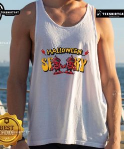 Spooky skeleton drink cup design on a Halloween-themed tank top, perfect for festive celebrations and Halloween parties.