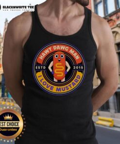 Alt Text: Man wearing a 'Nice Hawt Dawg' tank top with mustard graphic, showcasing trendy style since 2015.