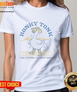 Nice Honky Tonk Goose two-stepping in a fun ladies tee, perfect for country music lovers and dance enthusiasts.