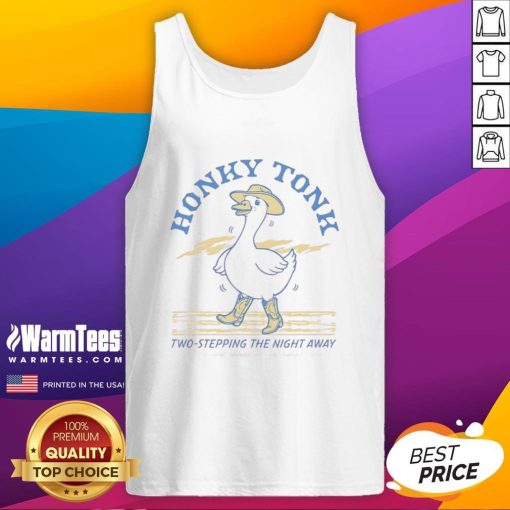 Alt Text: Woman in a 'Nice Honky Tonk Goose Two Stepping The Night Away' tank top dancing joyfully at a country bar.