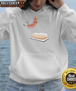 Cute hot dog sausage jumping into a hot dog bun hoodie, perfect for fun food-themed fashion.