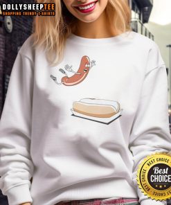 Alt Text: Cute hot dog sausage jumping into a bun on a cozy sweatshirt, perfect for food lovers and casual wear.