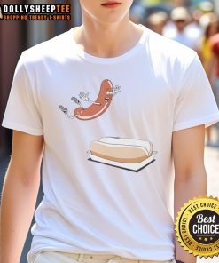 Funny Nice Hot Dog Sausage jumping into a bun on a trendy T-Shirt design for food lovers and BBQ enthusiasts.