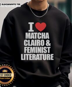 Nice I Heart Matcha Clairo and Feminist Literature Sweatshirt in a cozy setting, perfect for fans of Clairo and activism.
