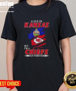 Women's 'Nice I Live in Kansas and I'm a Chiefs Fan Forever Inside Me' tee showcasing team spirit and Kansas pride.