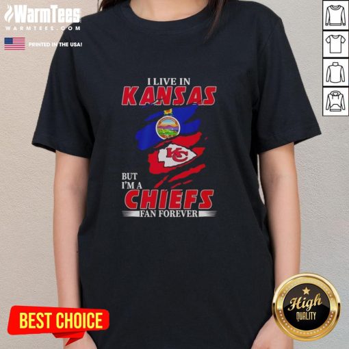 Women's 'Nice I Live in Kansas and I'm a Chiefs Fan Forever Inside Me' tee showcasing team spirit and Kansas pride.