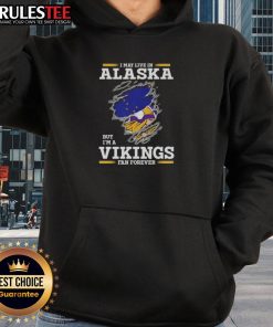Cozy hoodie featuring 'Nice, I May Live In Alaska But I'm A Minnesota Vikings Fan Forever' design for NFL fans.