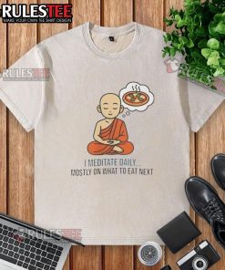 Alt Text: Person meditating daily while wearing a washed T-shirt, contemplating what to eat next for a healthy lifestyle.