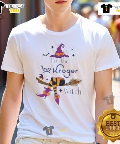 Funny 'Nice I'M The Kroger Witch' Halloween T-Shirt featuring a playful witch graphic, perfect for Halloween festivities.