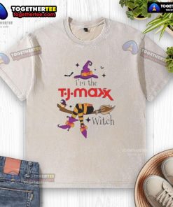 Halloween washed t-shirt featuring 'Nice, I'm the TJ Maxx Witch' design, perfect for festive celebrations.