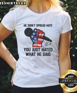 Signature ladies tee featuring 'In Memory of Charlie Kirk' message, promoting love over hate and thoughtful dialogue.
