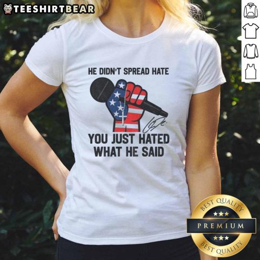 Signature ladies tee featuring 'In Memory of Charlie Kirk' message, promoting love over hate and thoughtful dialogue.