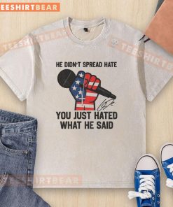 Signature washed t-shirt with 'In Memory of Charlie Kirk - He Didn't Spread Hate' design, promoting peaceful dialogue.