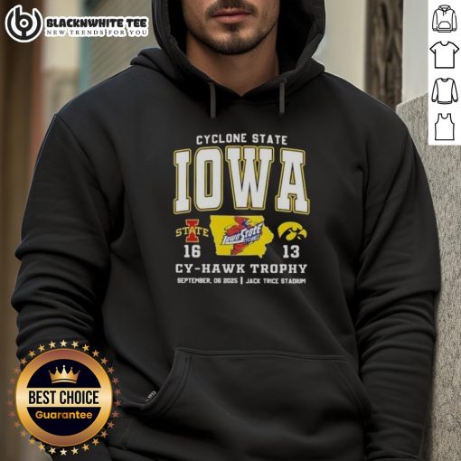 Alt Text: Nice Iowa Cyclones State vs Hawkeyes Cy-Hawk Trophy hoodie at Jack Trice Stadium, showcasing team spirit and rivalry.