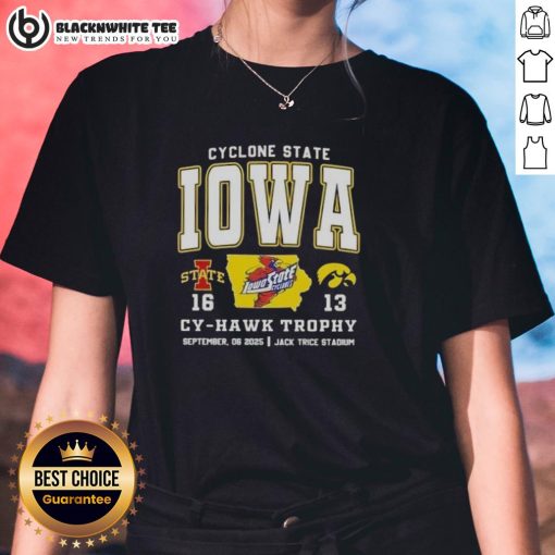 Ladies tee featuring the Cy-Hawk Trophy at Jack Trice Stadium during the Iowa State vs. Iowa game.