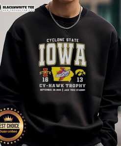 Iowa State Cyclones vs. Hawkeyes Cy-Hawk Trophy sweatshirt at Jack Trice Stadium, celebrating college football rivalry.