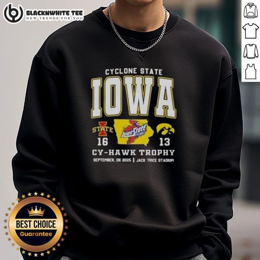 Iowa State Cyclones vs. Hawkeyes Cy-Hawk Trophy sweatshirt at Jack Trice Stadium, celebrating college football rivalry.