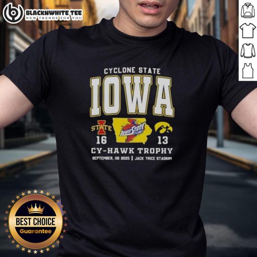 Nice Iowa Cyclones vs Hawkeyes Cy-Hawk Trophy T-Shirt at Jack Trice Stadium, perfect for game day spirit.