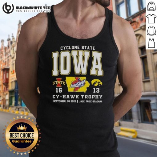 Iowa State Cyclones tank top featuring the Cy-Hawk Trophy at Jack Trice Stadium during the Iowa rivalry game.