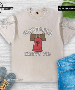 Nice It's Always Sunny in Philadelphia X Phillies Flipadelphia Paddy's Pub washed t-shirt displayed on a hanger.