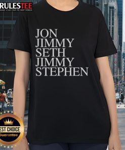 Group of friends wearing Nice John Jimmy Seth Jimmy Stephen Ladies Tee, smiling outdoors in casual attire.