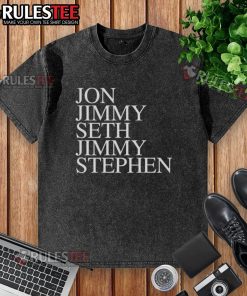 Group of friends wearing Nice John Jimmy Seth Jimmy Stephen washed t-shirts, enjoying a sunny day outdoors.