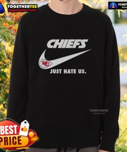Alt Text: Nice Just Hate Us Nike Kansas City Chiefs logo sweatshirt featuring a bold design and team colors for fans.