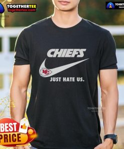 Nice Just Hate Us Nike Kansas City Chiefs logo t-shirt featuring bold graphics and team colors for passionate fans.