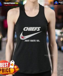 Alt Text: Nike Kansas City Chiefs logo tank top featuring 'Nice Just Hate Us' design, perfect for football fans and summer wear.