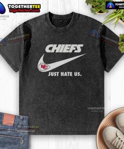 Alt Text: Nike Kansas City Chiefs logo washed t-shirt featuring 'Nice Just Hate Us' slogan in bold design.