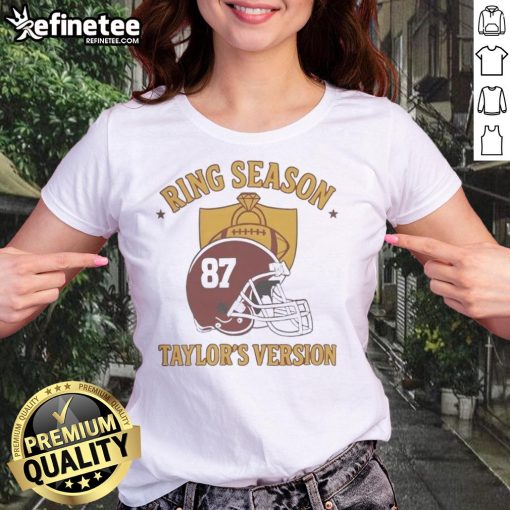 Alt Text: Nice Kansas City Chiefs Ring Season Taylor's Version Travis Ladies Tee featuring vibrant team colors and logo.