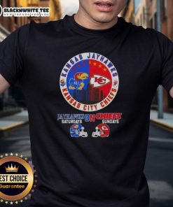 Nice Kansas Sports Jayhawks Saturdays On Chiefs Sundays helmet football t-shirt featuring vibrant team colors and logos.