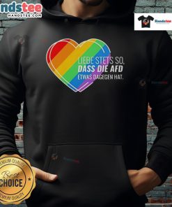 Alt Text: Pride Heart Hoodie with 'Nice Liebe Stets' design, showcasing support against AfD, vibrant colors and inclusive message.