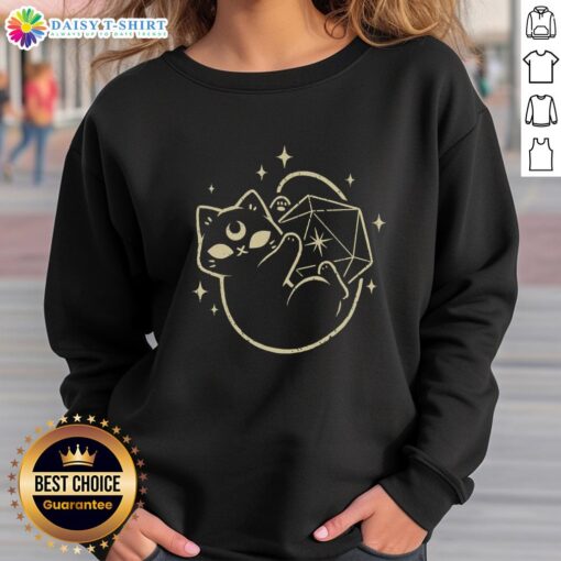 Nice magical black cat design on a D20 sweatshirt, perfect for cat lovers and tabletop gaming enthusiasts.