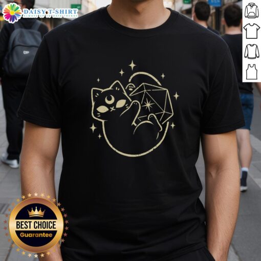 Alt Text: Nice magical black cat D20 T-shirt featuring a whimsical design of a cat and dice, perfect for gamers and cat lovers.