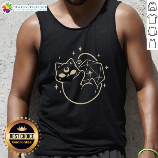 Nice magical black cat graphic on a D20 tank top, perfect for gamers and cat lovers. Stylish and fun design.