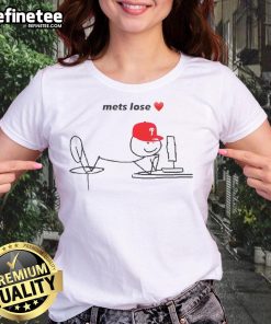 Stick figure in a red cap on a ladies tee with 'Nice Mets Lose' graphic, perfect for baseball fans.