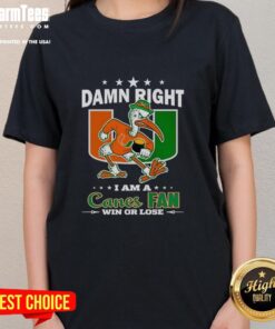 Miami Hurricanes mascot on a ladies tee shirt, perfect for fans who support the Canes win or lose.